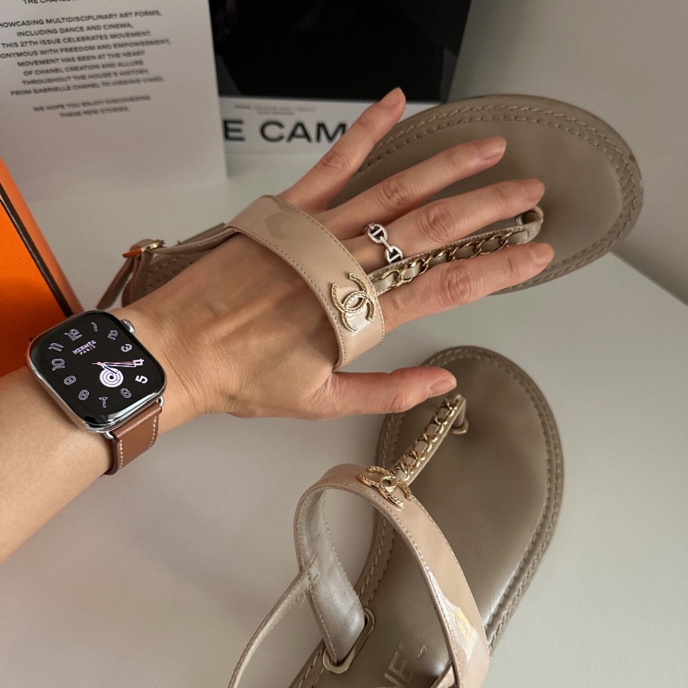 CHANEL Beige and Gold Chain Detail Sandals